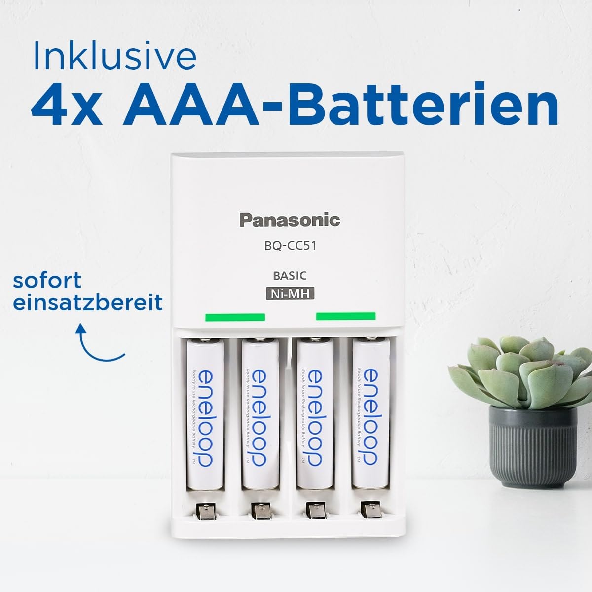 eneloop Basis-Ladegerät für 2 oder 4 AA/AAA NI-MH-Akkus. Mit neuen Sicherheitsfunktionen, 4 eneloop AAA/Micro-Akkus verbesserter Kapazität mit 6 Sicherheitsfunktionen