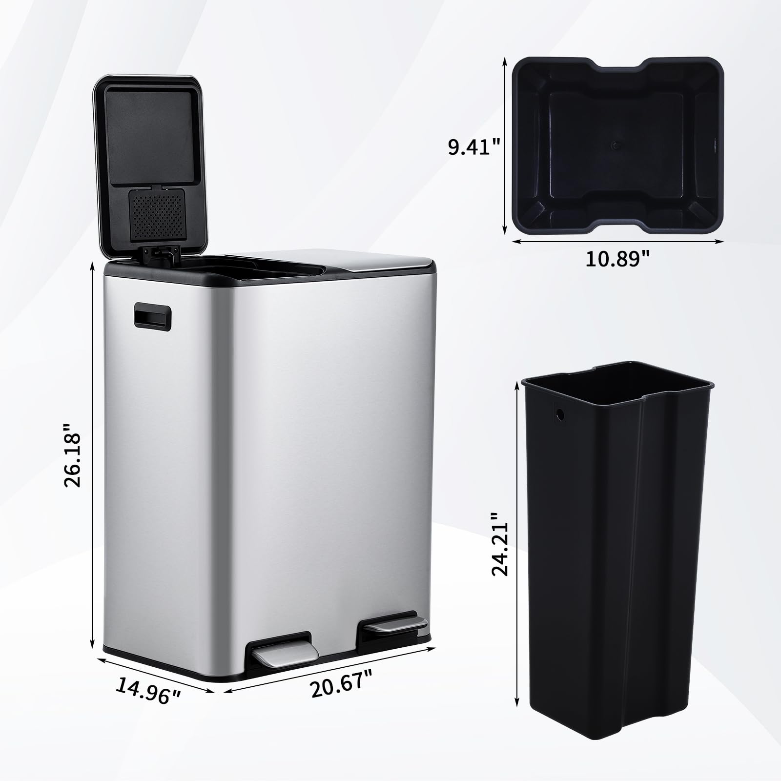 60L Mülleimer Küche – 2 x 30L Edelstahl Tretmülleimer mit Doppeldeckel – Mülltrennungssystem, Soft-Close, geräuscharm & berührungsfrei, für Abfall & Recycling im Haushalt, 60L 2*30L double bin kitchen