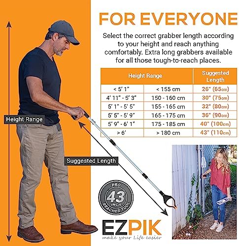 EZPIK 43 Folding Litter Picker Long Sick Reach Grabber for Disability Aids and Equipment for the Home - Litter Pickers for Adults Heavy Duty Grabbing Stick - Long Handled Grabber Tool 43 Inches