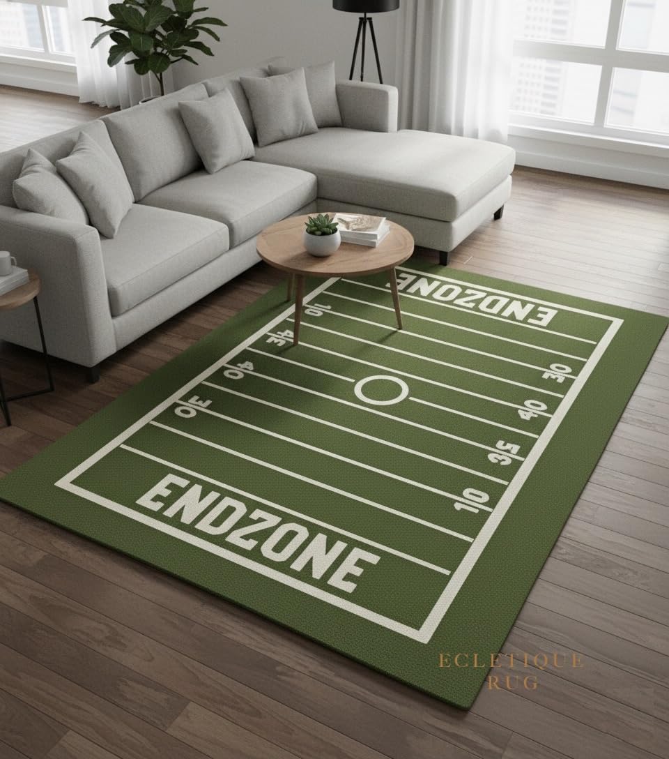Football Field Pattern Hand Tufted 100% New Zealand Wool Area Rug Rectangle Green Endzone Sports Design Living Room Kids Room Decor 9X12 Ft