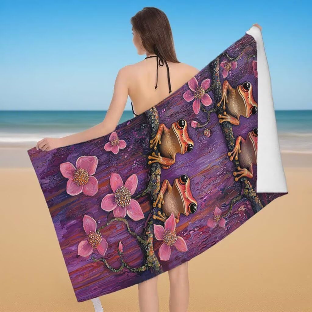 Telo Mare Microfibra 2 Set Telo Mare Grande 220x100cm/35x70cm Asciugamano Palestra Uomo, Leggero Antisabbia Asciugatura Rapida Vacanze Teli da Spiaggia per Piscina, Regalo Donna Uomo (Rana) J-41
