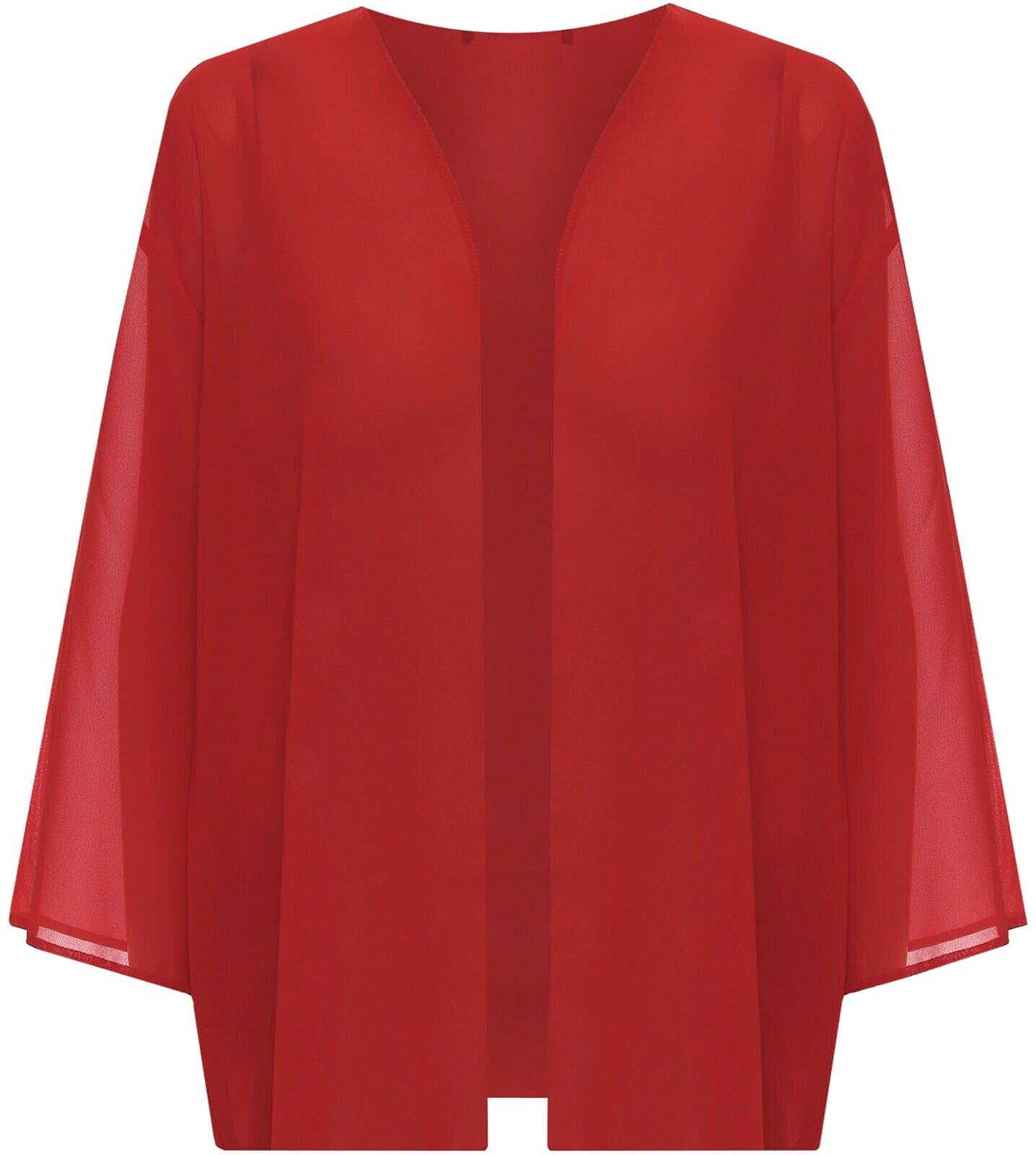 Fashionism Women's Red 3/4 Sleeve Plain Chiffon Open Front Kimono Cardigan Plus Size Kimono Bolero Shrug Cardigan Size Uk 12-26