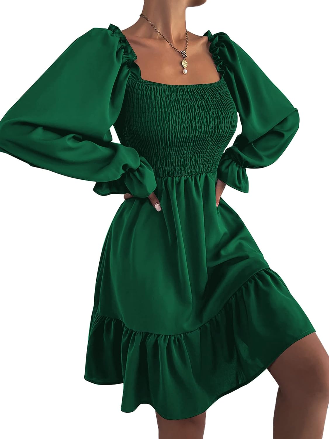 LYANER Women's Square Neck Lantern Long Sleeve Ruffle Shirred Flowy Party Mini Dress - Image 3