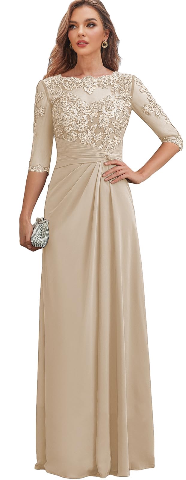 Womens Formal Dresses With Sleeves Lace Chiffon Champagne Mother