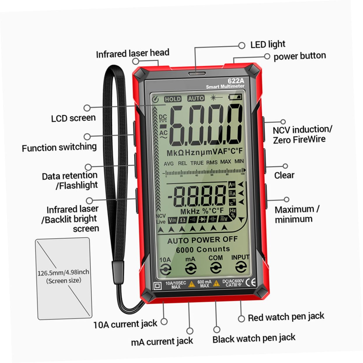 Auto-ranging Digital Multimeter with Voltage Frequency Resistance Capacitance Testing for Automotive and Electrical Use Multifunctional Multi Tester with LCD Display and Data Hold