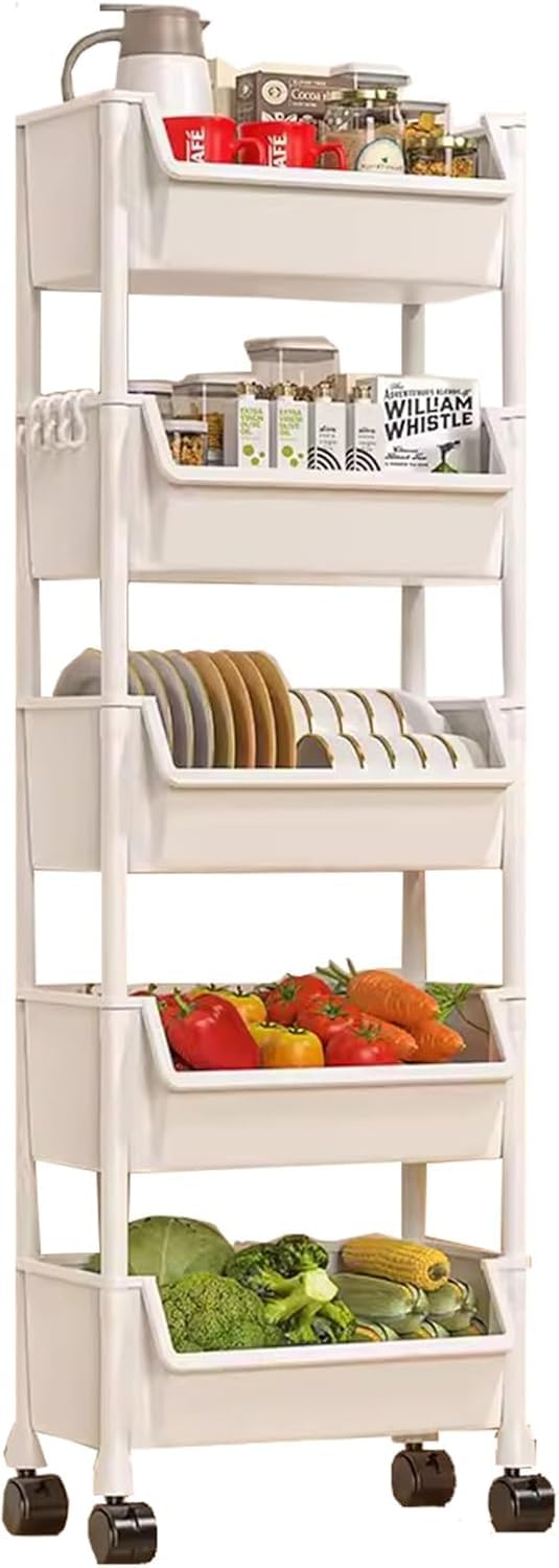 Bellivor 5-Tier Storage Cart Organizer, Plastic Rolling Cart with Lockable Wheels, Lightweight&Reinforced Handle Utility Storage Cart for Nursery, Kitchen, Bedroom, Bathroom,Office