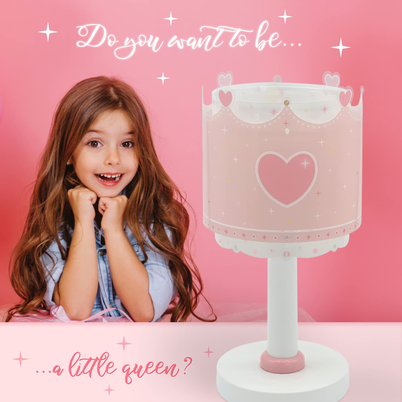 Dalber Lampada da comodino per bambini Little Queen Corona Cuori Rosa (61101)