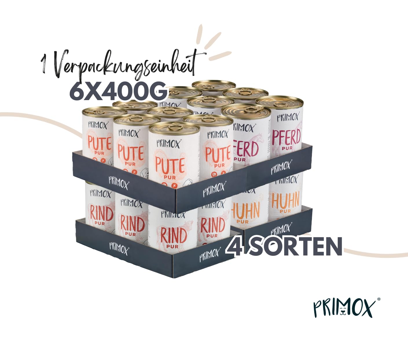 PRIMOX Hundefutter nass PUR Mix 1: Rind, Pute, Pferd & Huhn, 24x 400 g - Natürliches Nassfutter mit 70% Fleischanteil - Monoprotein-Quelle ohne Getreide & Zucker - Mit Tierärzten entwickelt