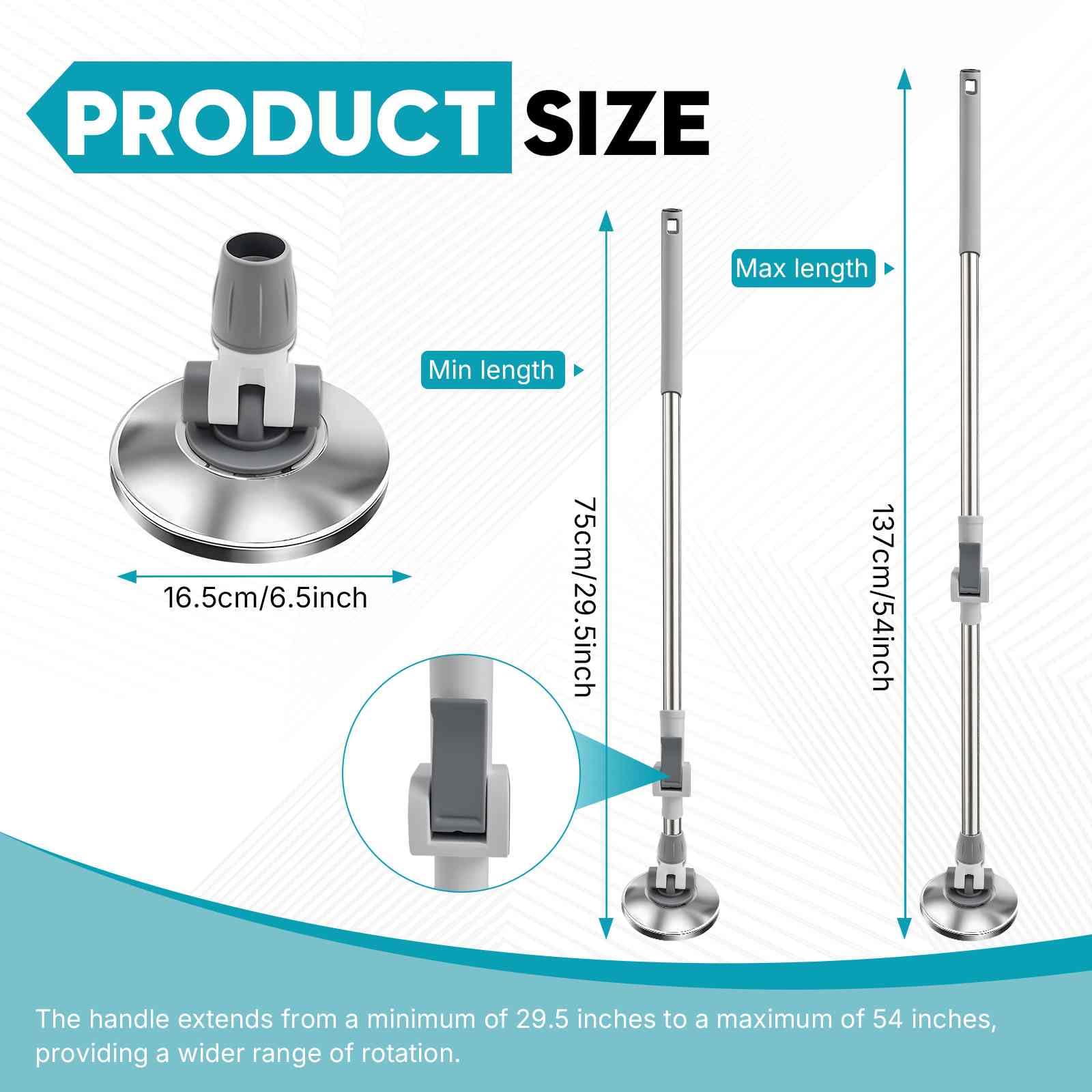 Gira la fregona con un mango de repuesto, ajuste de rotación de 360°, fregona extensible de 53.5 pulgadas, placa de acero inoxidable resistente, adecuada para varios escenarios domésticos