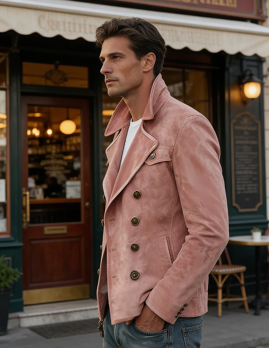 VENNYNG Men's Faux Suede Military Blazer Double Breasted 8-Button Gold Accent Tactical Jacket for Urban Exploration