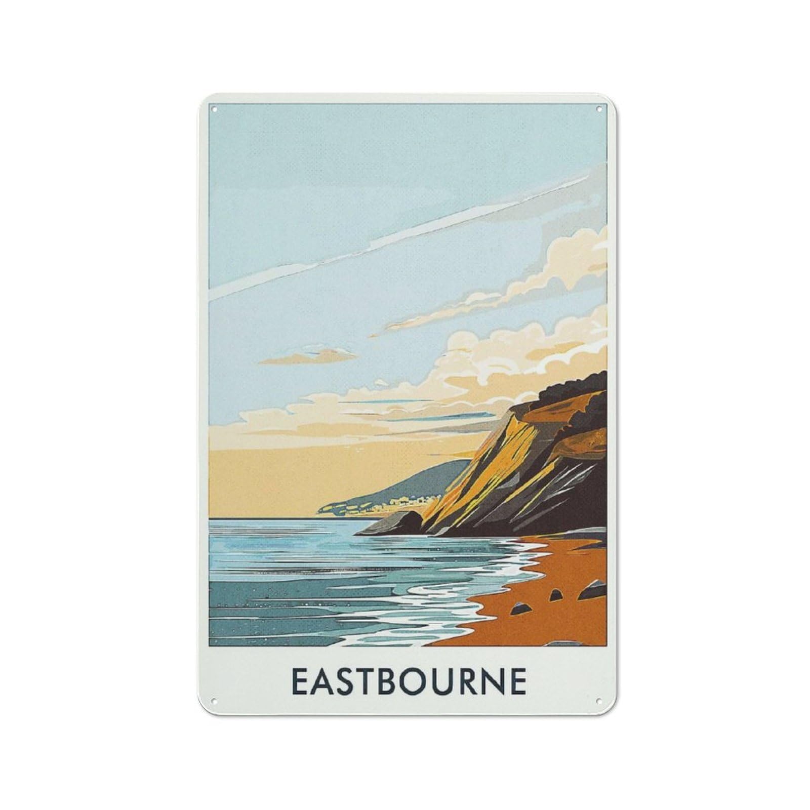 Junmoney Style-2 Tin Wall Sign With Eastbourne Coastal Landscape Design 30X20cm, Cosy Cafe Wall Decor For Kitchen, Cafe, Pantry Or Dining Room