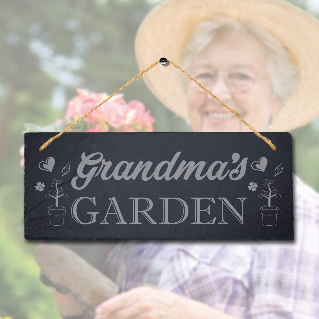 Stukk Natural Engraved Slate Stone Plaque Grandma's Garden Love Laser Hanging Grandparents Sign, 30X12cm