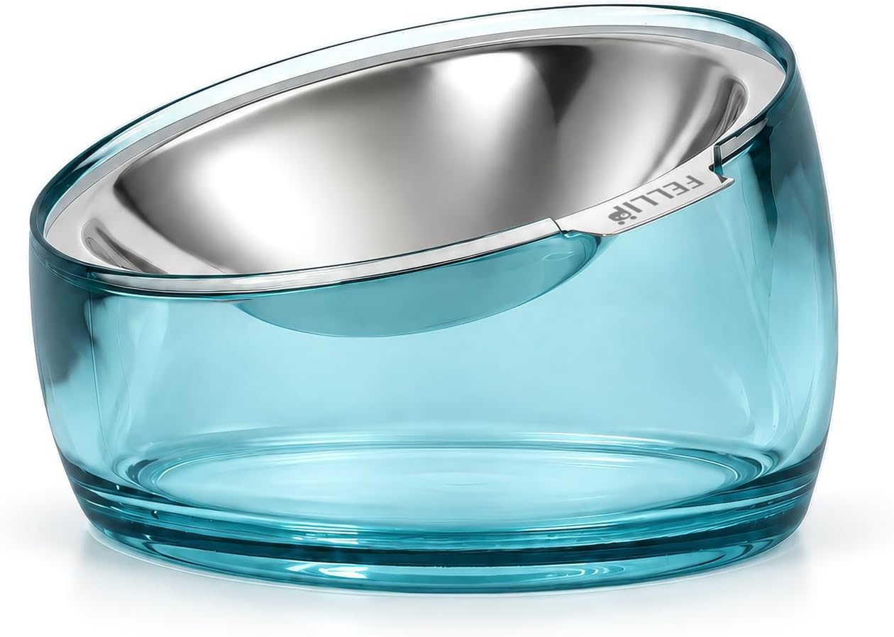 Felli Pet Oblik Whisker Fatigue Cat Bowl Stainless Steel Shallow Flat Plate for Dry Wet Food, Elevated Acrylic Base with Treats Storage, Anti Vomiting No Slip Feeder Slanted (0.5Cup, Sapphire)