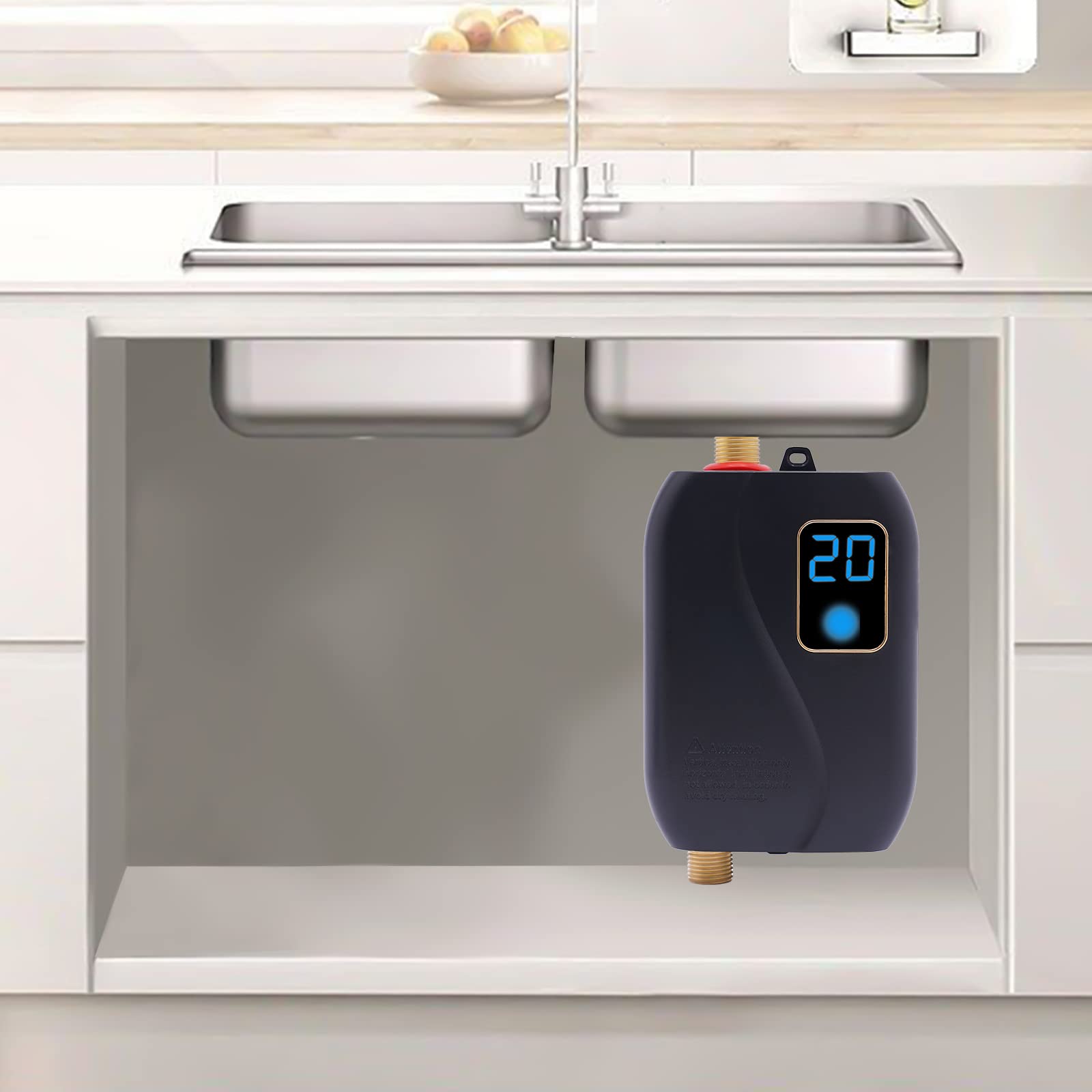 Elektronischer Durchlauferhitzer, 3500W Tankless Warmwasserbereiter Untertischspeicher mit Display, Elektrischer Duschheizer Klein 25-50℃ Temperatur Einstellbar für Küche Badezimmer