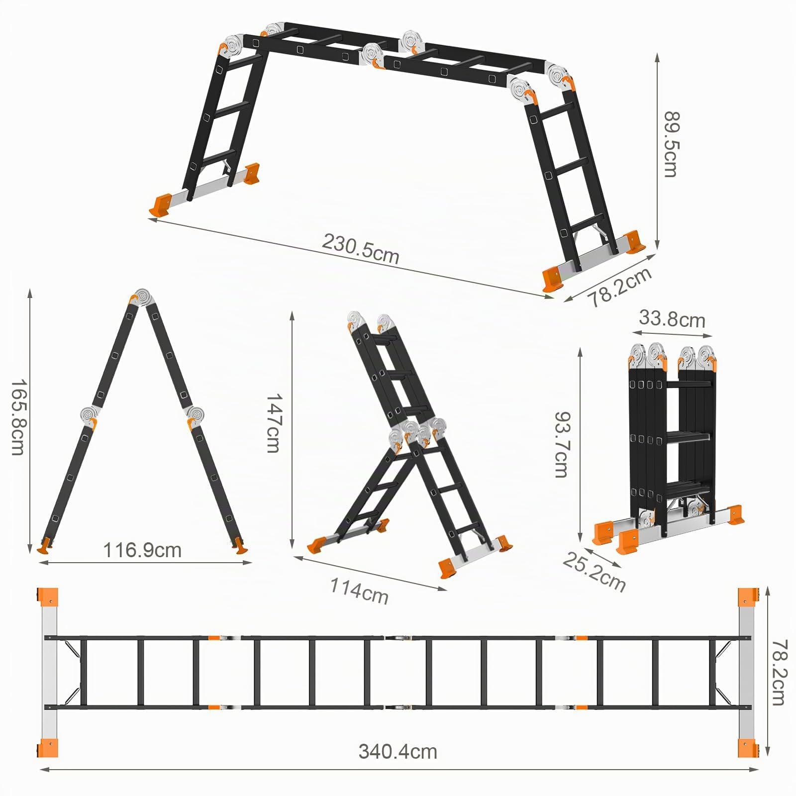 AMHANCIBLE Escalera Multiusos, Escalera Aluminio, 4 x 3 Peldaños, Plegable, para Pintar, Techos, Jardín, hasta 150 kg, 3,4m, Diseño 6 en, Certificado TÜV/GS, Naranja EBAL01RN