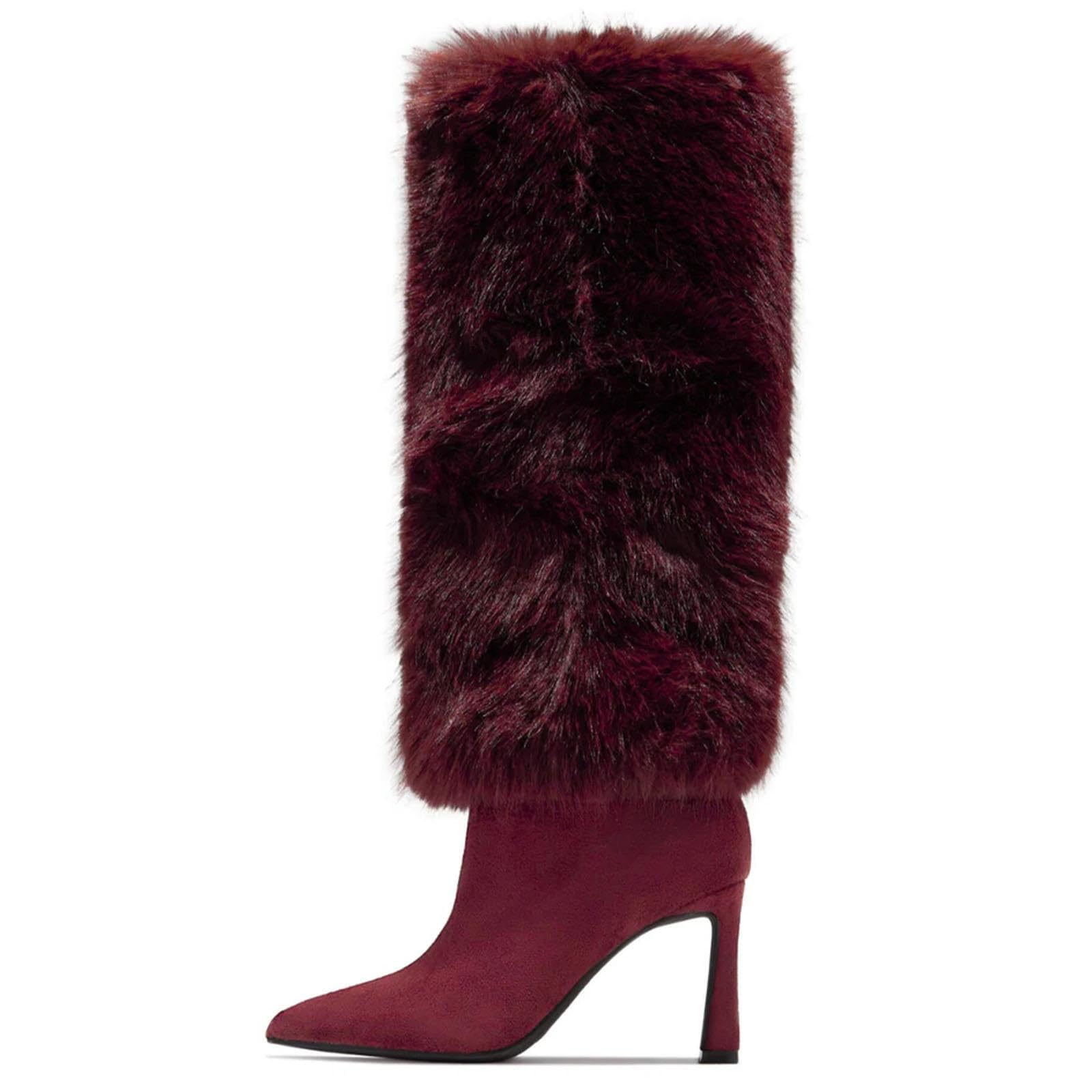 Womens Wide Calf Knee High Boots Chunky Heel Pointed Toe Shark Boots with Buckle Pull On Tall Boot