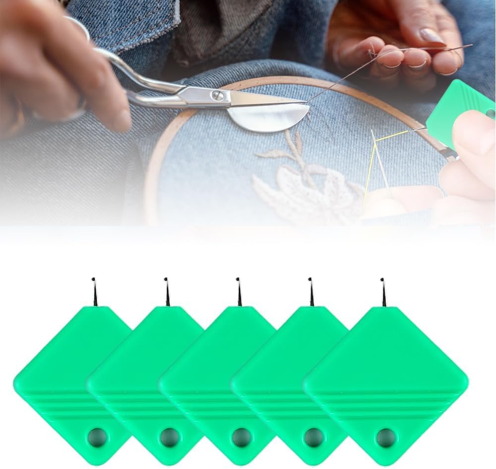 Automatic Needle Threader for Hand and Machine Sewing - Universal Ergonomic Sewing Tool with Quick-Load System, 5-Pack Green | Fits All Needle Sizes (0.5-5mm) | Sewing Accessories and Craft Supplies