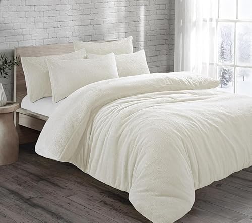 L S U Teddy Bear Fleece Fitted Bed Sheet Extra Deep 30 cm or Duvet Covers Single Double King Super King Size UK (Duvet Double cream)