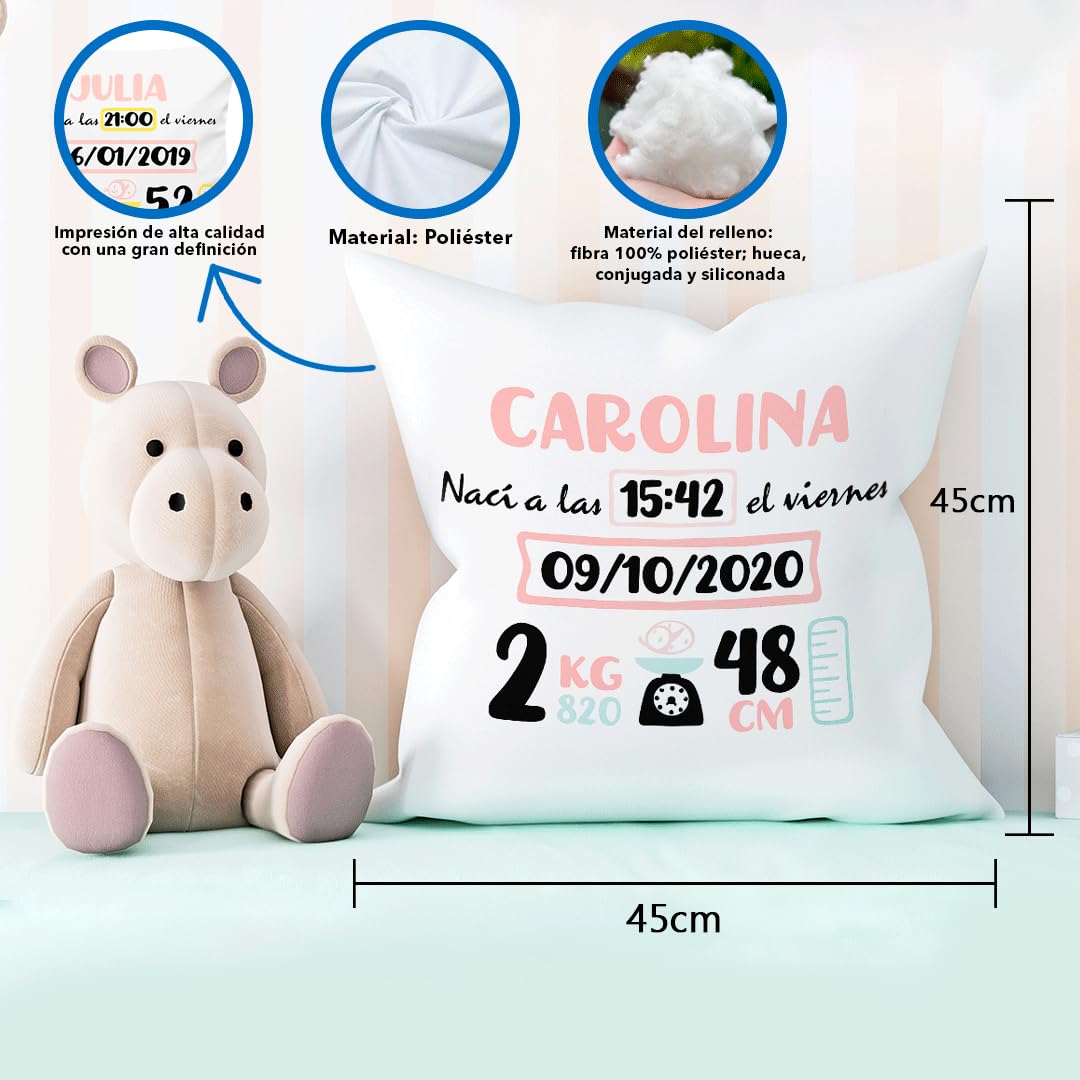 NANNUK | Cojín Personalizado para Recién Nacido | con Nombre, Hora, Fecha, Peso y Medida | Almohada Bebe Bebe Personalizado (Rosa Y Beige)