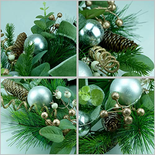 Yuletime 20" Pre-Lit Christmas Wreath, Battery Operated With 10 Fairy Lights, Green Bow, Silver Baubles, Pine Cones, White Mistletoe, Golden Berries, Eucalyptus Leaves, Spruce Branches, Pine Needles #TOP6
