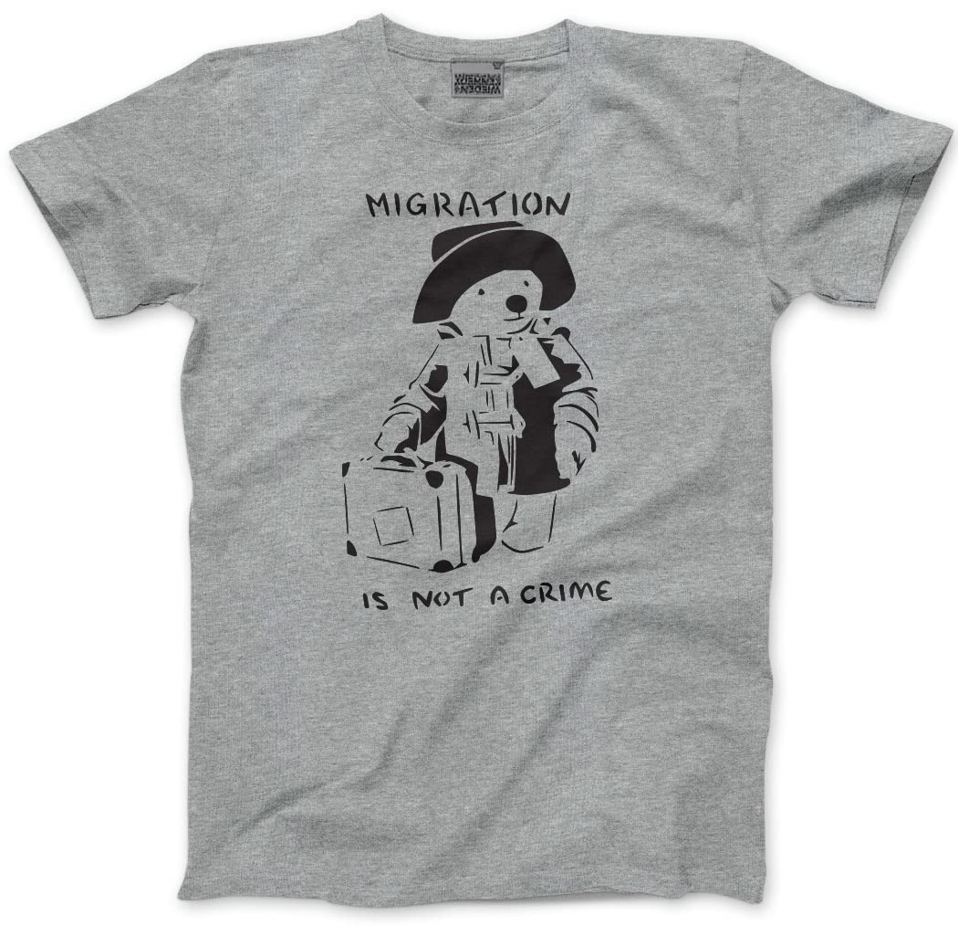Hotscamp Men's Heather Grey Migration Is Not A Crime Banksy Unisex T-Shirt - Medium