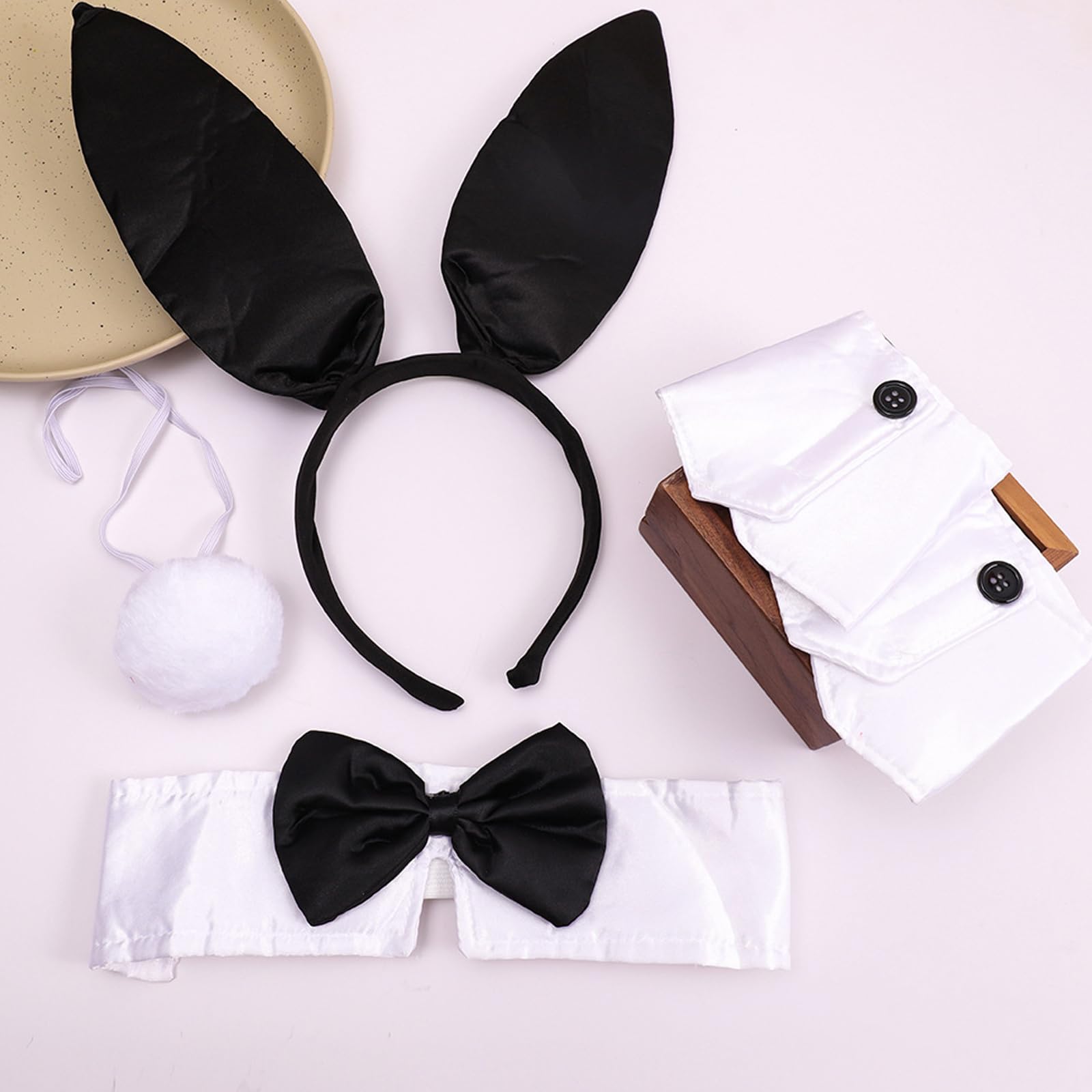EDLMKM 6pcs Bunny Costume Accessories, Bunny Ears and Tail As Well Bow Collar and Cuffs, Rabbit Maids Dress - Image 4