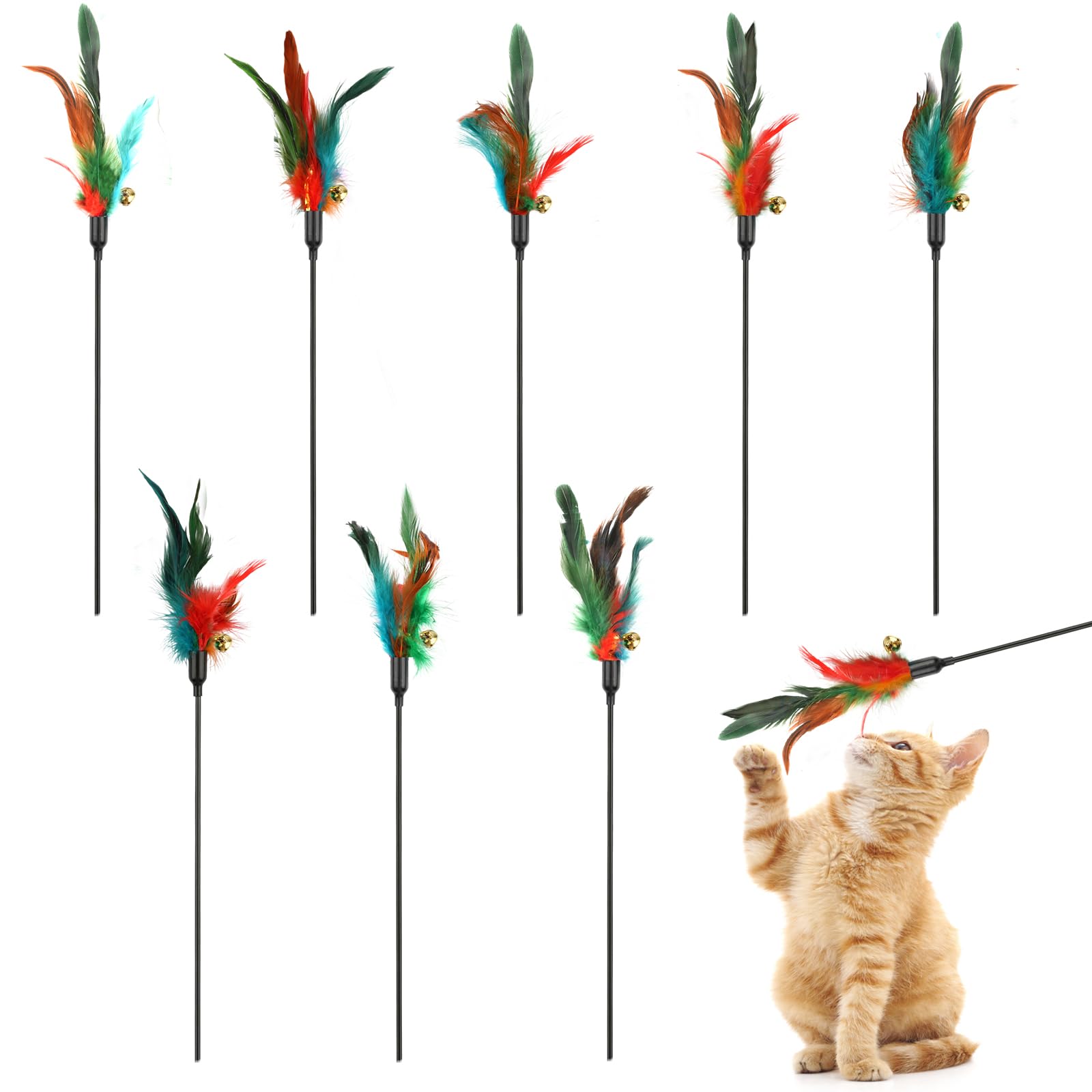 Neerow 8 Stück Katzenspielzeug Federn mit Glocken, Bunte Federspielzeug für Katzen aus Naturfedern, Katzenangel Feder für Bewegung & Interaktives Spiel, Federstab Set für Katzen (Natürliche Farben)