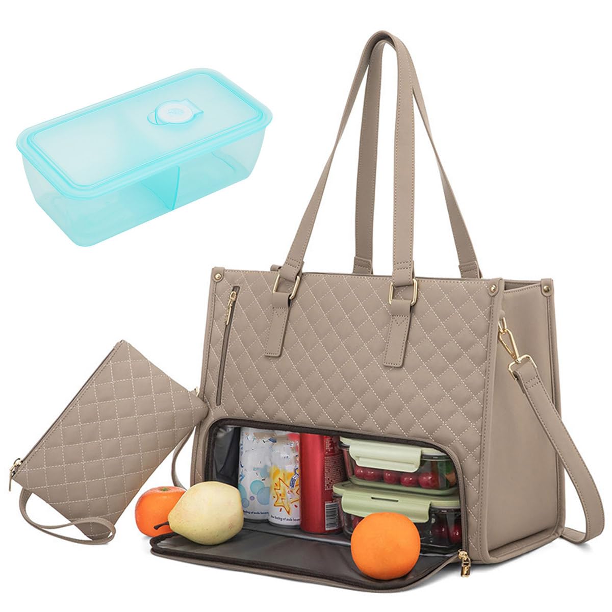 Borsa 2-in-1 Tote E Porta Pranzo Isolata Per Donna - Con Scomparto Per Laptop 15.6" E Vano Pranzo Rimovibile - Perfetta Per Ufficio, Lavoro E Viaggi (Nero/Bianco) - 2