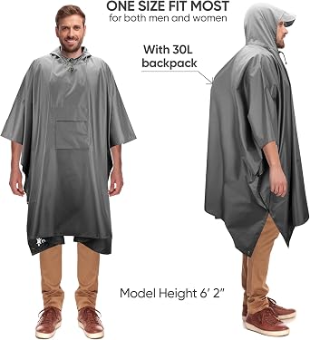 PTEROMY Hooded Rain Poncho with Pocket(Grey)+Hooded Rain Poncho with Pocket and Zipper(Beige)