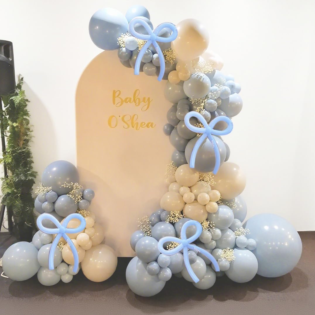 Dusty Blue Balloons Arch Kit with Artificial Flowers Babys Breath Bowknot, Baby in Bloom 140PCS Dusty Blue Sand White Pastel Blue for Boy Baby Shower Bridal Shower Wedding Party Decorations