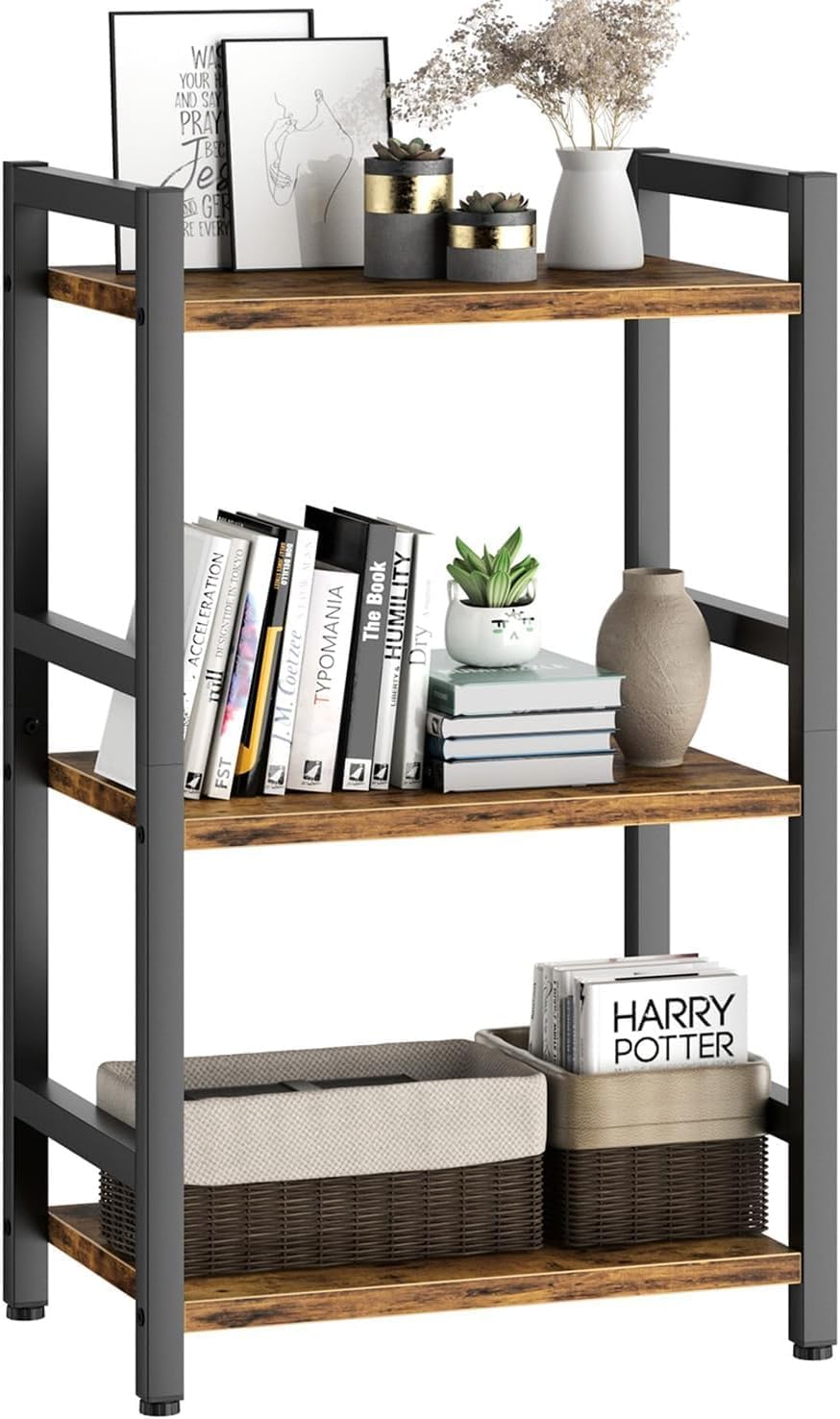 58542 Book Shelf, 3 Tier Bookcase with Steel Frame, Stable Bookshelf Narrow Book Shelves Storage Organizer for Book CD Movie, Open Book Shelves for Living Room, Home Office, Study