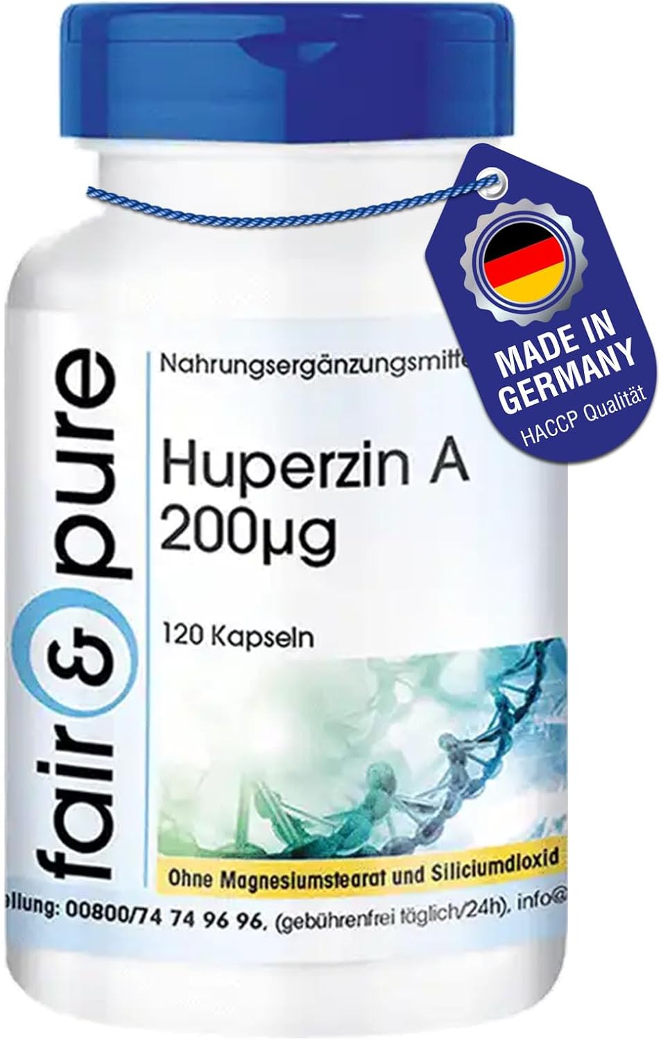 Fair & Pure Huperzin A 200 mcg from Bear Flap Extract 120 Capsules Swallow-friendly High Dosage Dietary Supplement Vegan without Magnesium Stearate Made in Germany
