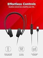 Vista 5 de Lenovo Auriculares estéreo con cable USB-A para PC/portátil, cancelación de ruido AI a través de la aplicación, 4.94 oz ligeros, auriculares