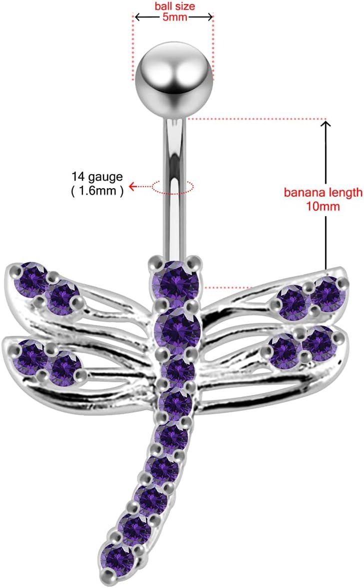Cz Gemstones Fancy Large Dragonfly 925 Sterling Silver with Stainless Steel Belly Ring - Belly Button jewelry - Navel jewelry