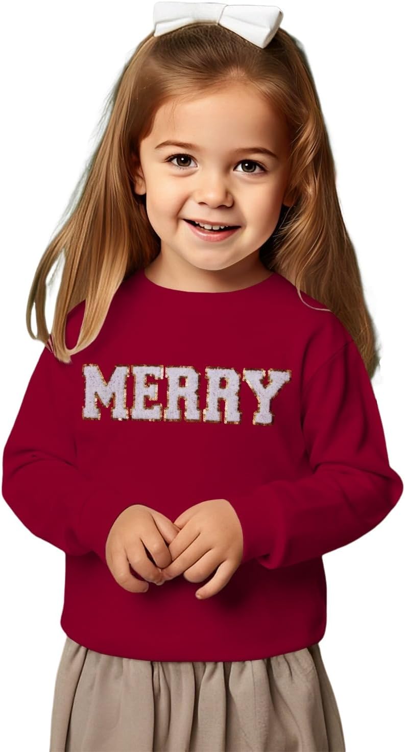 IZYJOY Toddler Baby Girl Christmas Sweatshirt Merry Chenille Patch Letter Print Crewneck Shirt Xmas Holiday Pullover Tops