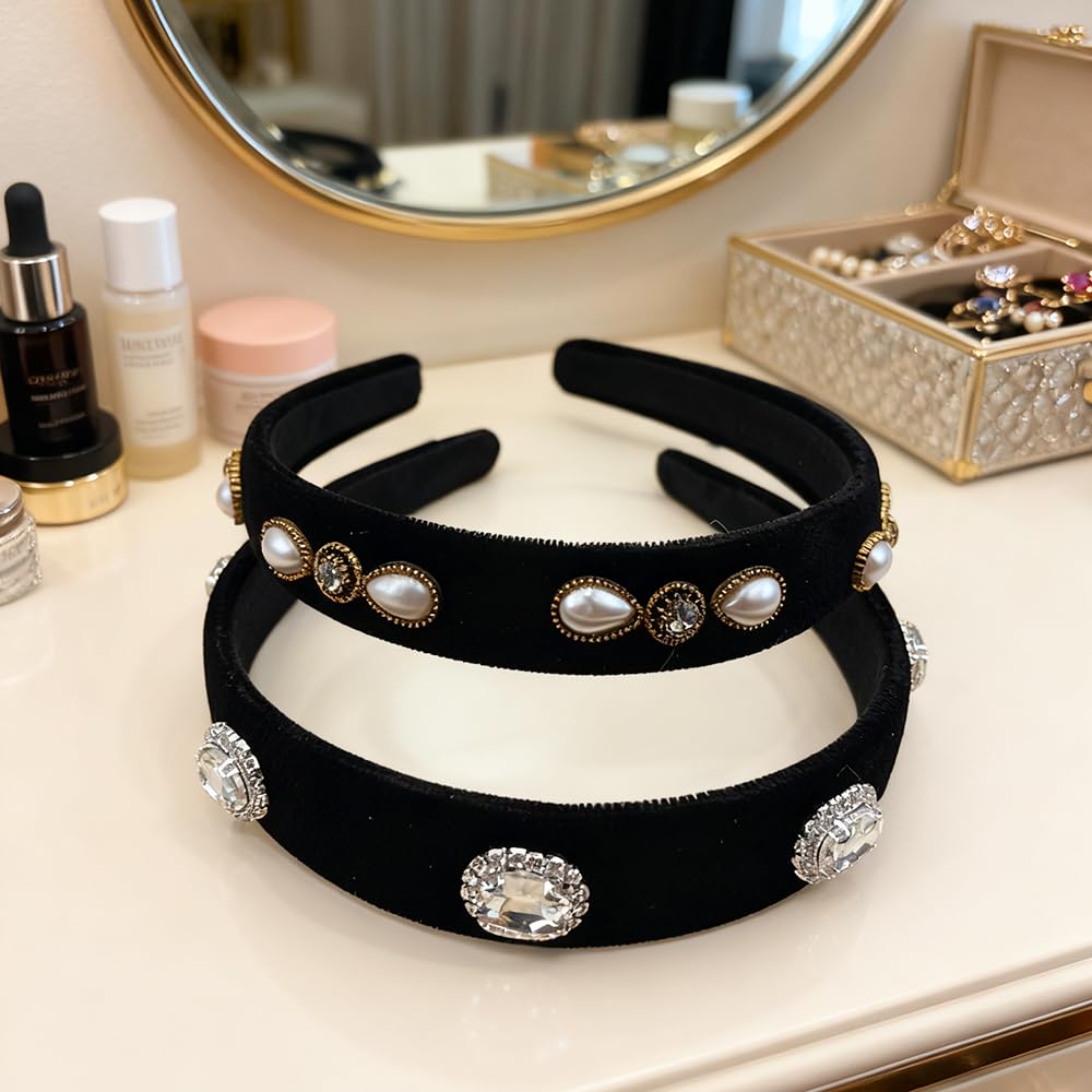 2PCS Vintage Velvet Headbands for Women, Pearl & Rhinestone Embellished Hair Hoops, Elegant Black Velvet Hair Accessories for Parties & Daily Wear - Image 6