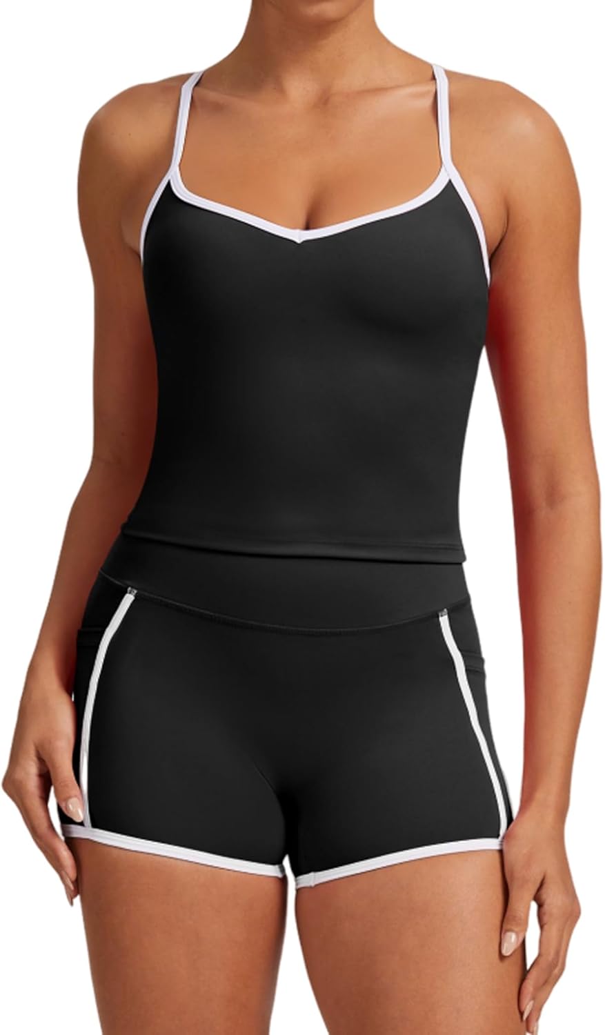 Women 2 Piece Workout Sets Cross Back Tank Top and High Waist Booty Lifting Shorts Yoga Active Outfits with Pockets