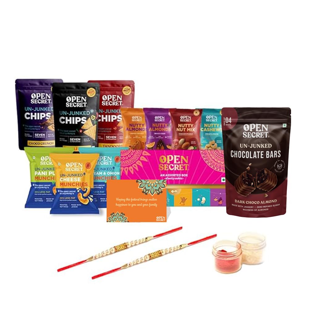 Open Secret Bhai Dooj Gift Set for Brother | Combo of 15 | Bhai Dooj Tikka for Brother, Cookies, Dry Fruits, Chocolate Bar, Chips & Munchies, Bhai Dooj Gift for Sister with Thread, Card & Roli Chawal (B0B5DJHNJW) Amazon Price History, Amazon Price Tracker