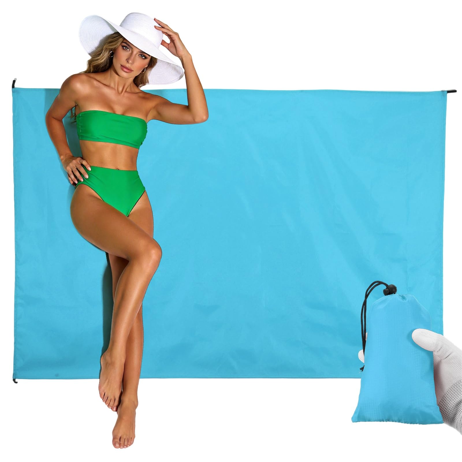 YELARXI Beach Blanket, Waterproof Foldable Beach Mat Compact Sand Free Quick Drying Beach Essentials with Carry Bag and 4 Pcs Stakes for (Beach/Camping/Hiking/Picnic) 55 x 39 & Light Blue