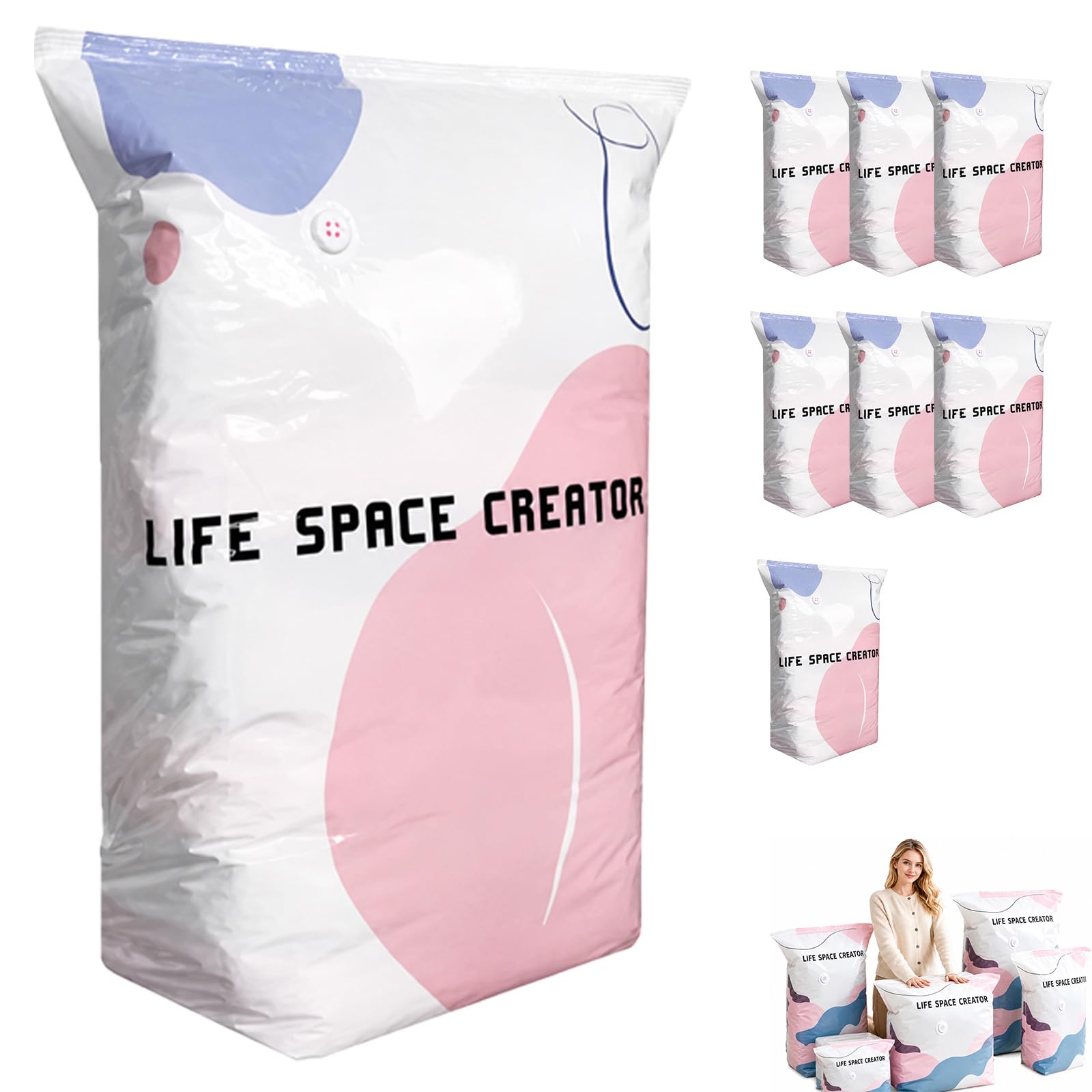 Life Space Creator Vacuum Storage Bags Without Pump,100 * 80 * 30cm (8) | Design 3D autoportante per un utilizzo semplice con una sola mano, chiusura ermetica ideale per vestiti, coperte e viaggi.