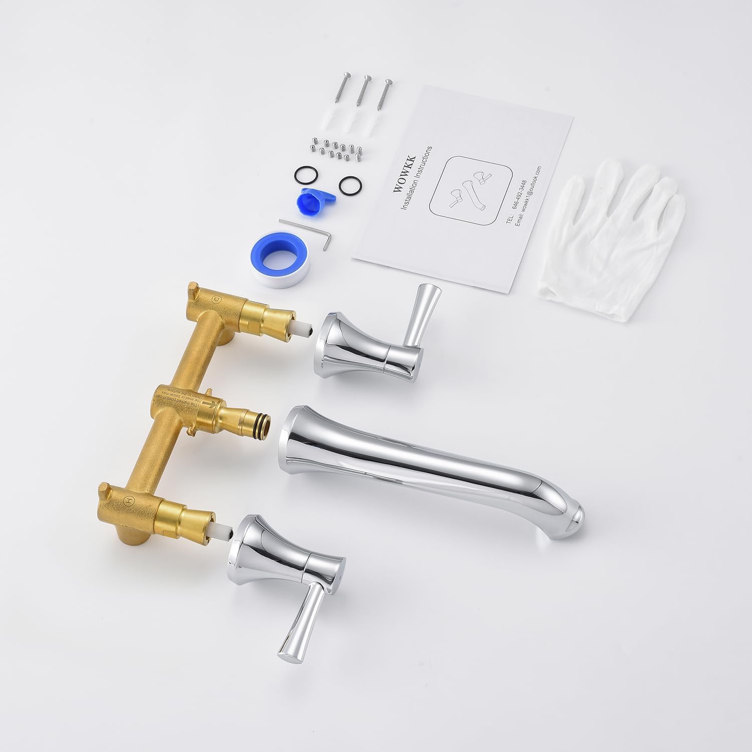 Wowkk Wall Mount Tub Filler Brass Tub Faucet Chrome Bathroom Bathtub Faucets with 2 Handles