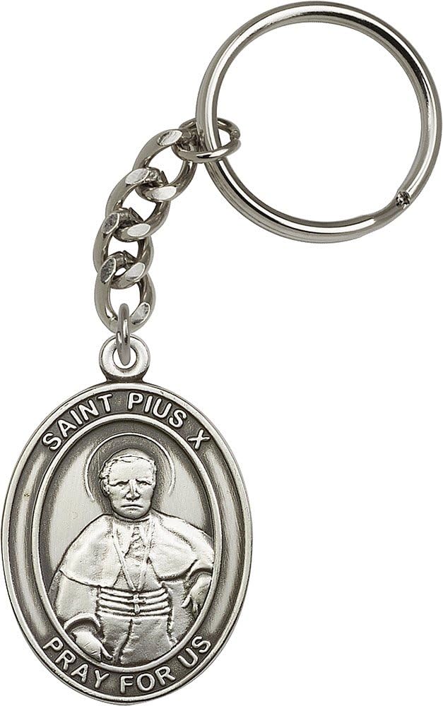 Bonyak Jewelry Antique Silver-Plated St. Pius X Keychain 1 7/8 x 1 1/4 inches