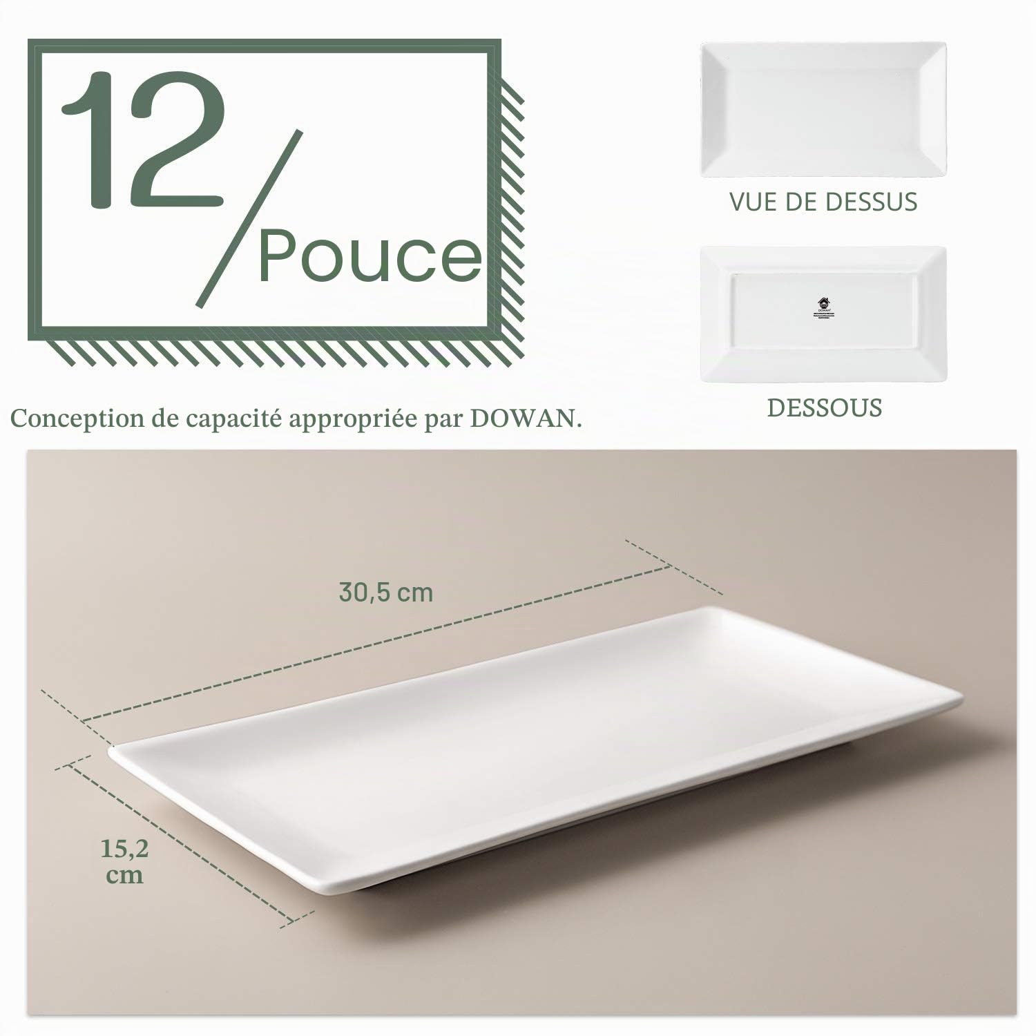 DOWAN Assiettes Longues, Assiette Porcelaine Rectangulaire Blanche, Service Vaisselle pour Viande, Apéritifs, Dessert, Nourriture, Fête, 30,5 X 15,2 cm, Assiette Rectangulaire Lot de 4