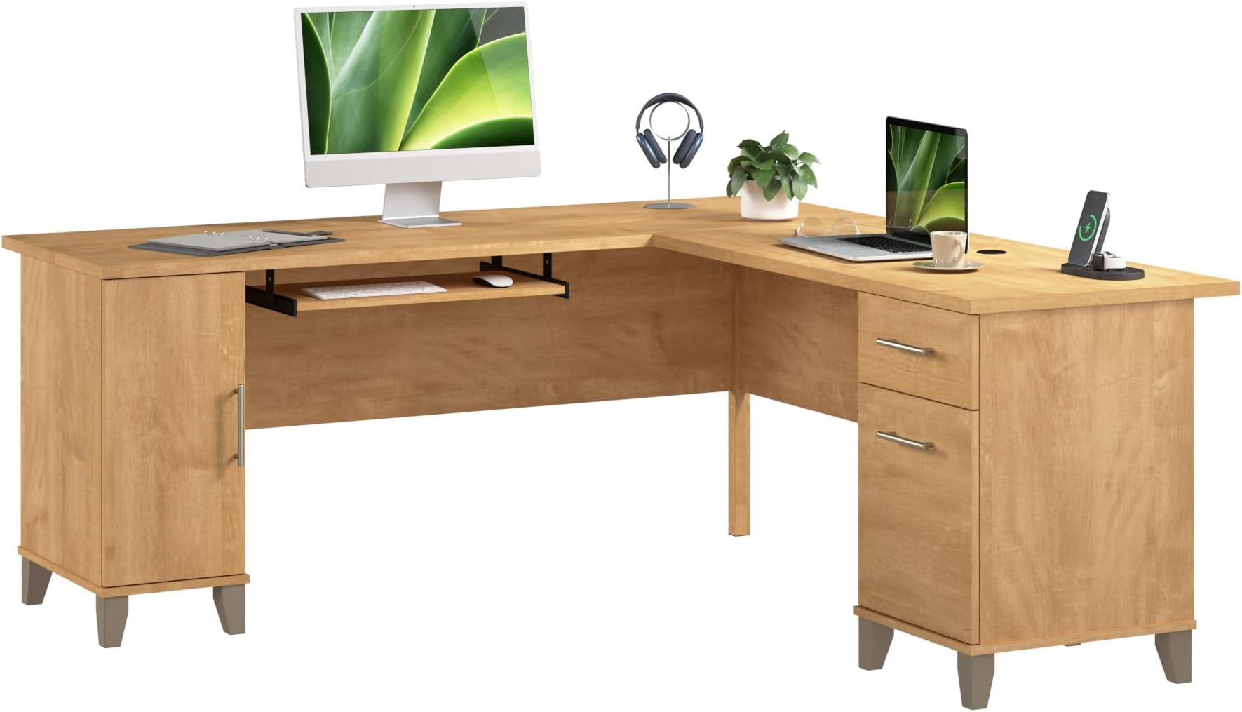 - 72-Inch L-Shaped Desk with Storage, Corner Computer Office Desk with File and Box Drawers, Home Office Workstation with Storage Cabinet, Somerset Collection, Maple Cross