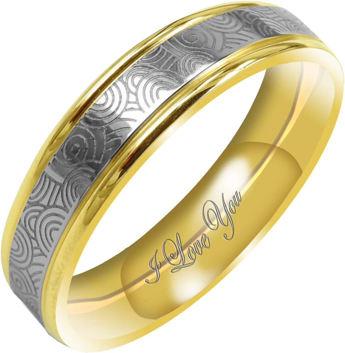 Everstone Women's Matte & Polish 4MM & 6MM Flat Promise Ring Wedding Bands Titanium Ring Two Tone Color: Yellow Gold & Platinum Engraved I Love You