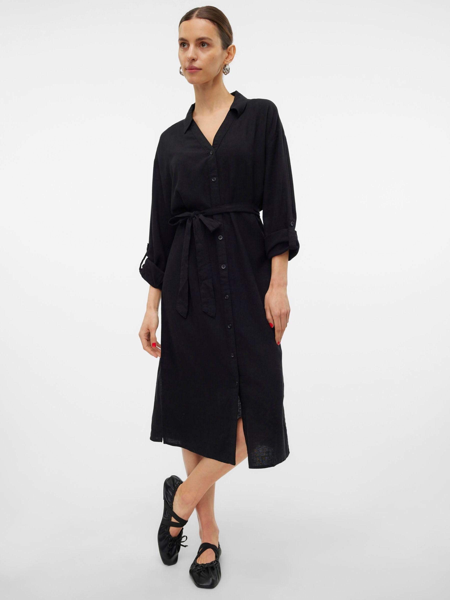 Vero Moda Vmlinn Linen WVN Noos T-Shirt Ample en Mollet Robe Chemise Femme
