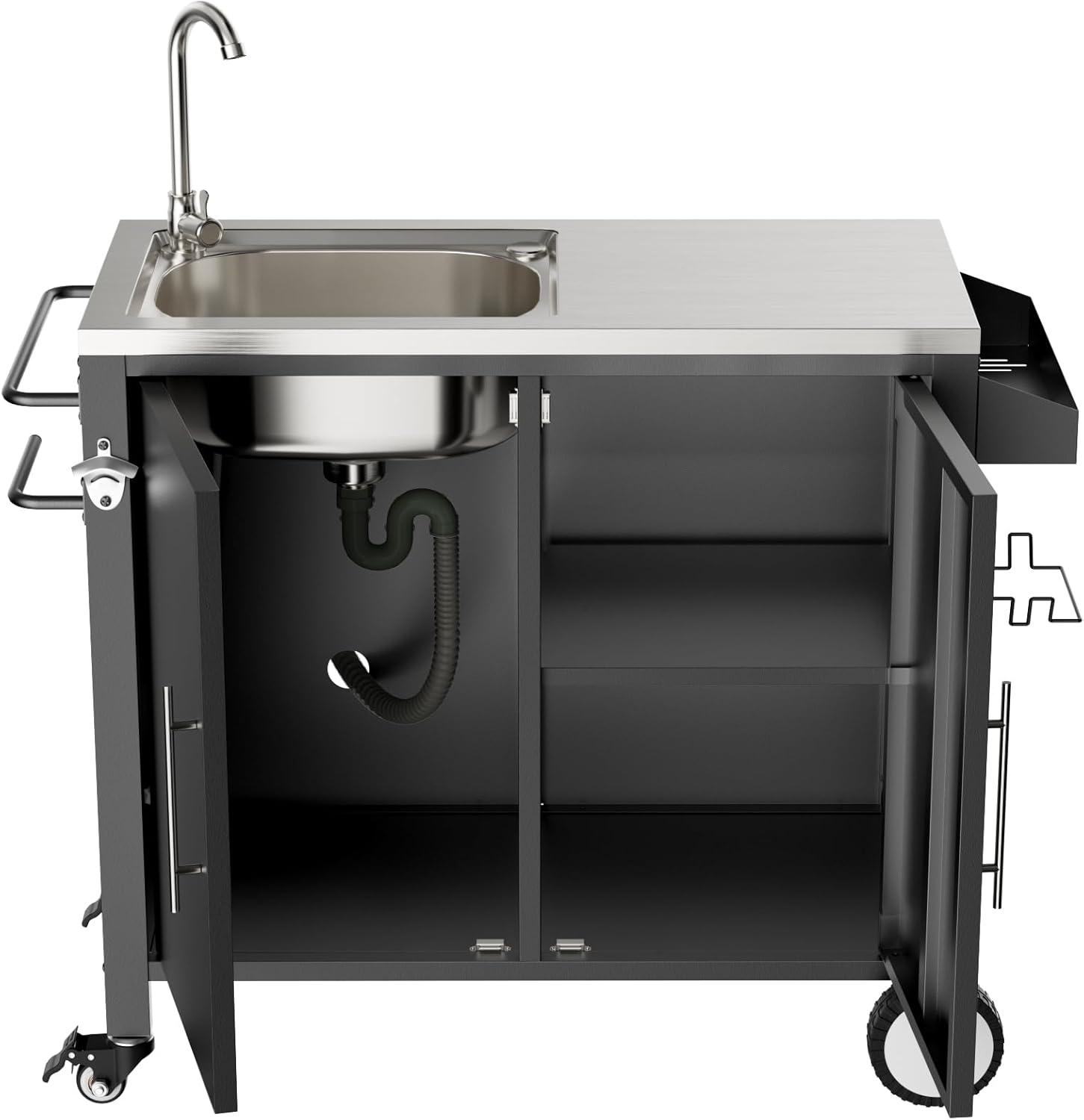 Outdoor Grill Table with Sink, Grill Cart with 304 Stainless Steel Sink and Cabinet, Outdoor Grill Cart,Outdoor Cart Sink Station with Wheels, L38” x W18” x H35”