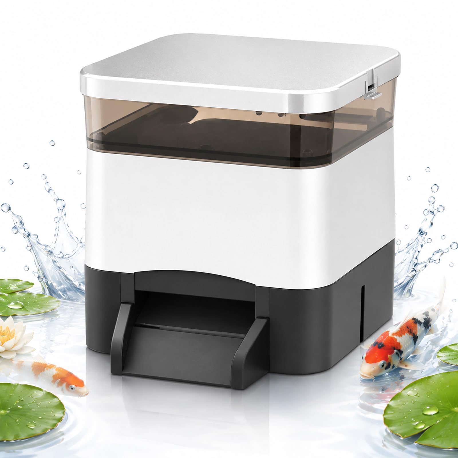 Mangiatoia Automatica per Laghetto 4 L - Distributore Solare di Mangime per Pesci Ornamentali Silver