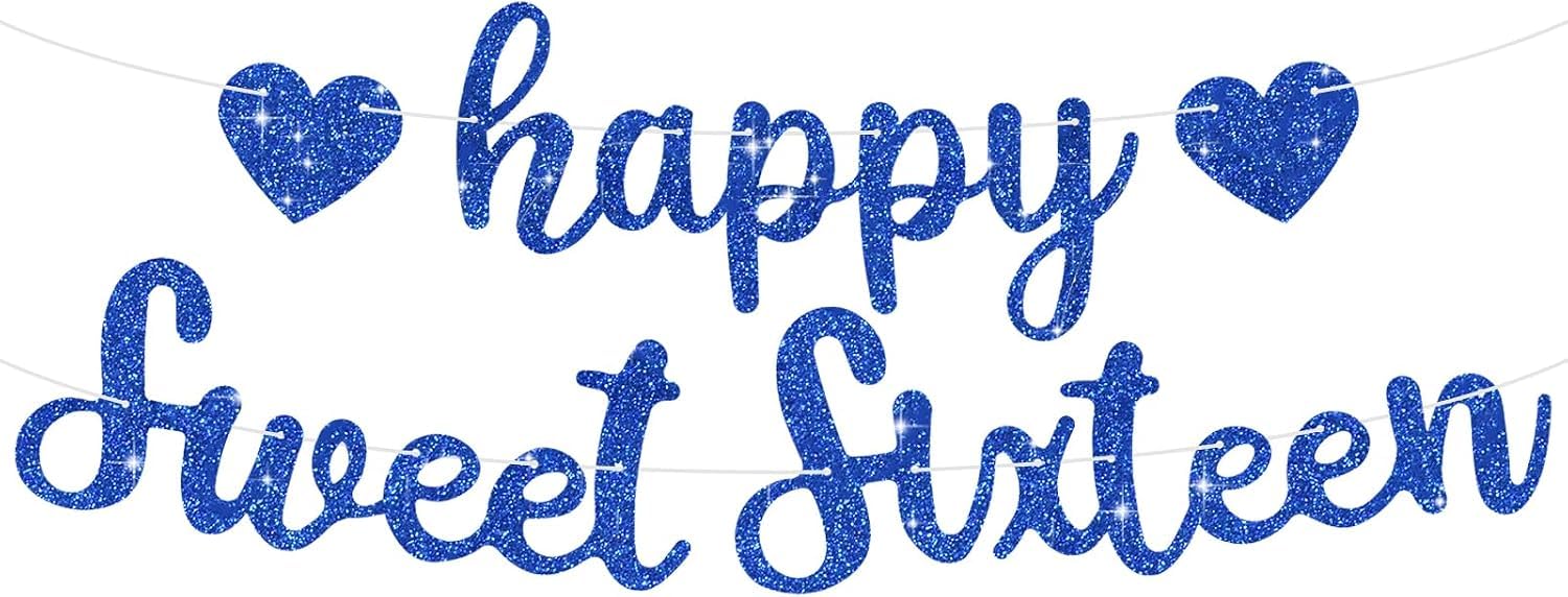 TONIFUL Blue Glitter Happy Sweet 16 Banner Sign Birthday for Girls Women