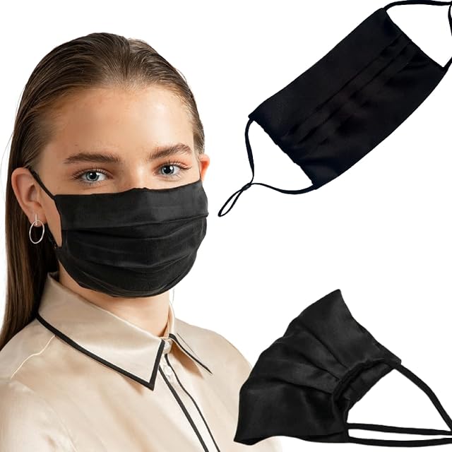 Sensitive skin 100% Mulberry Silk face Mask with Adjustable loops, Washable, Hypoallergenic Breathable_BLACK